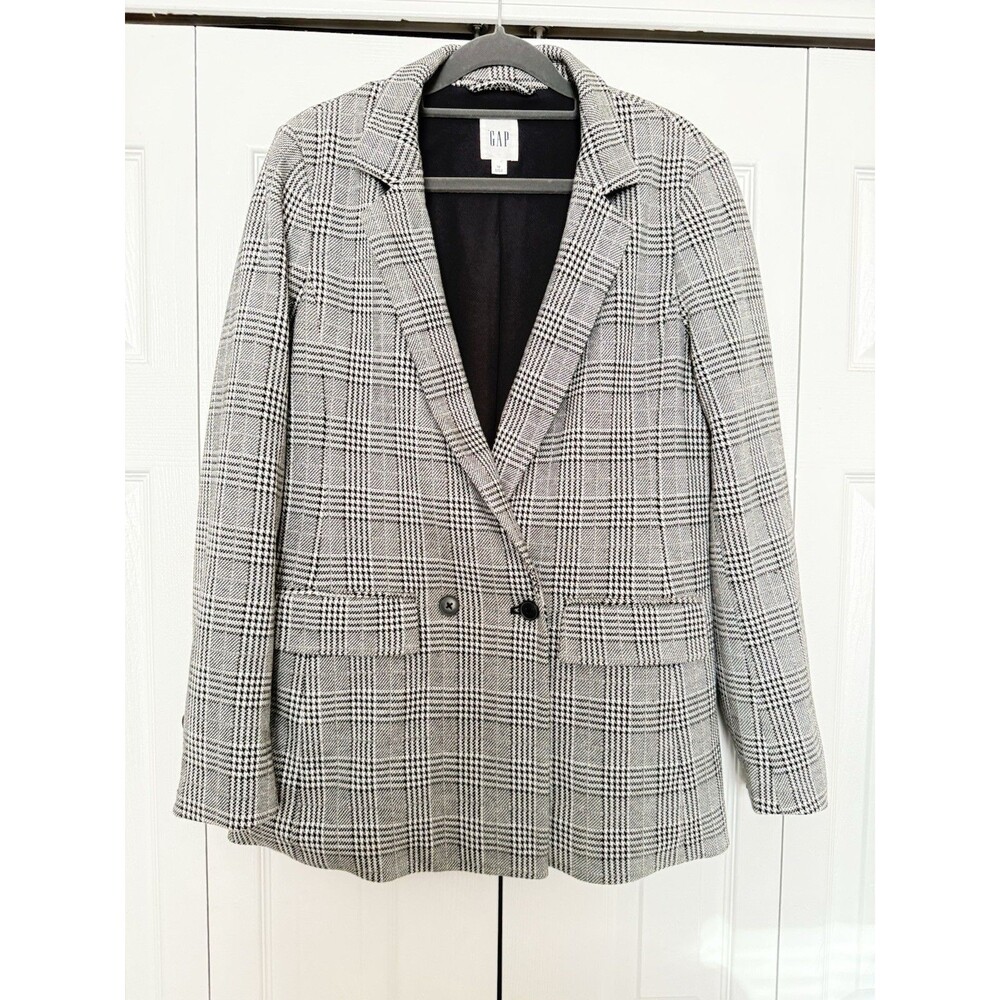 Gap Classic Girlfriend Blazer 2 Button Glen Plaid Suit Jacket Black White Sz 10